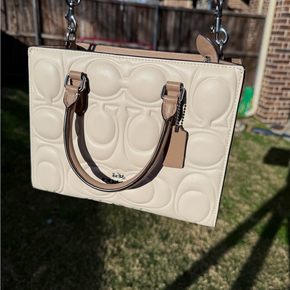 Coach Maggie Small Chalk/Taupe Signature Embossed Leather Tote - Picture 6 of 10